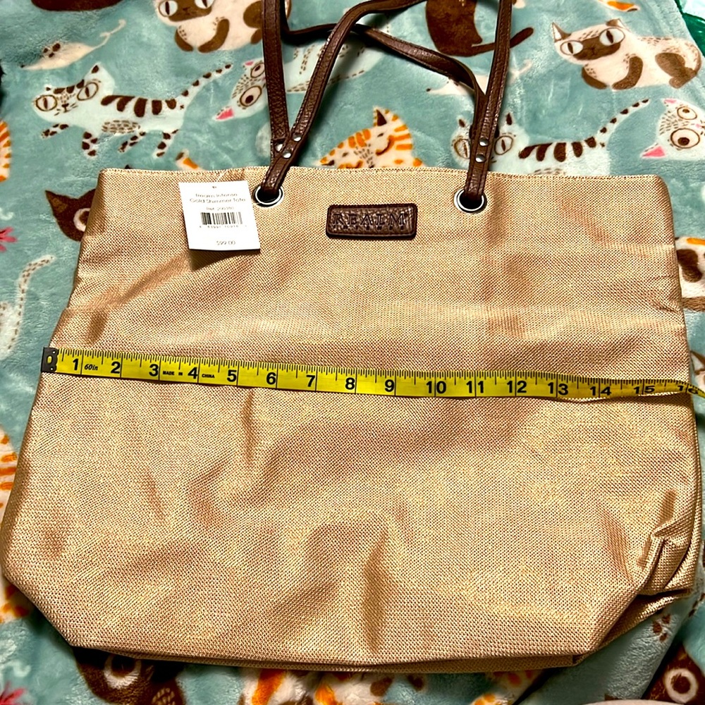 Realm Intense Gold Tote Bag 16”x13” Silver Lined oversize NWT